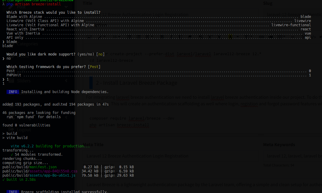 laravel breeze install terminal output - programmingmindset.com